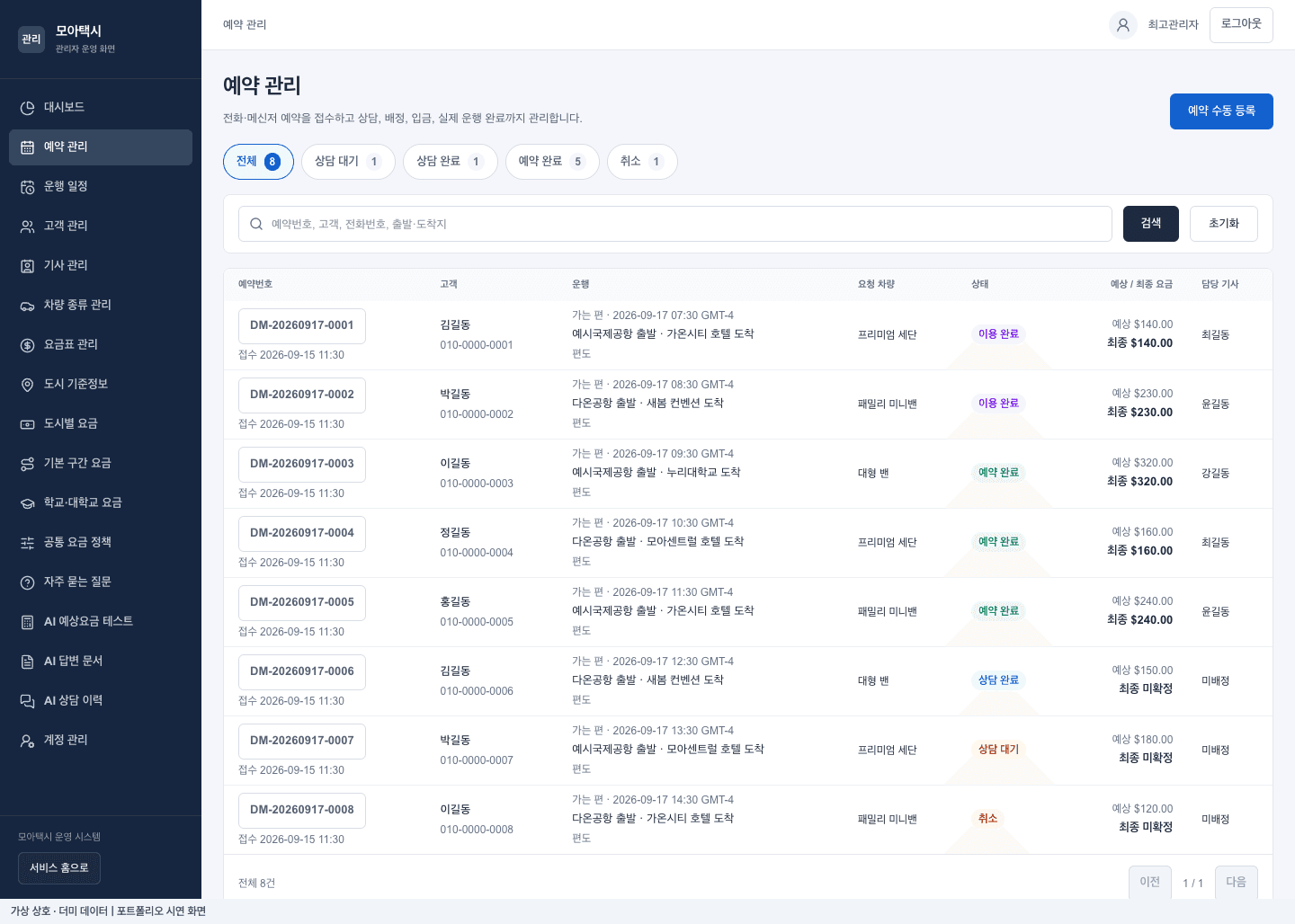모아택시 예약 상태 · 고객과 요금 관리 더미 데이터 시연 화면